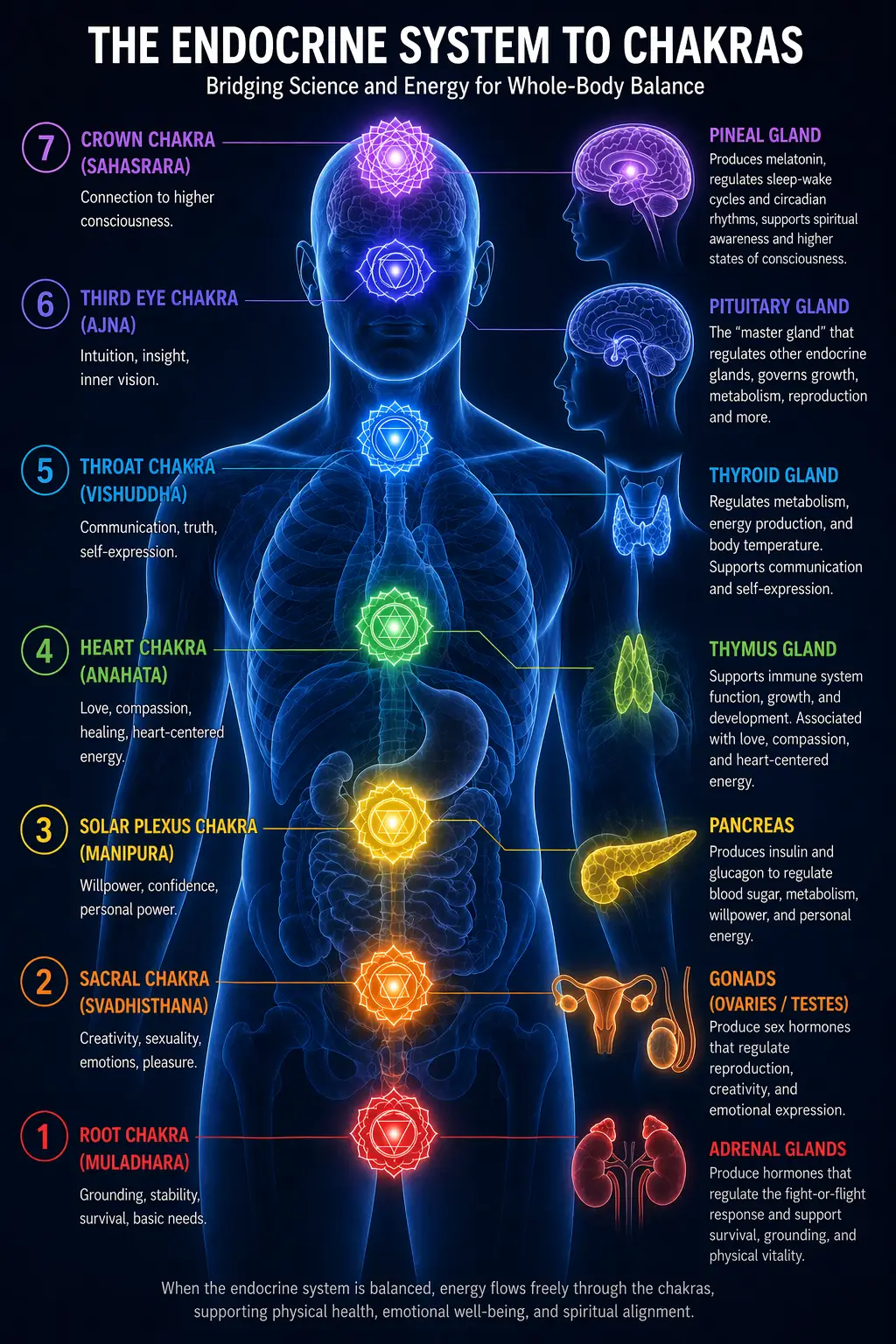 Third eye chakra and the endocrine system: 7 chakras mapped to the 7 endocrine glands from root to crown on the human body
