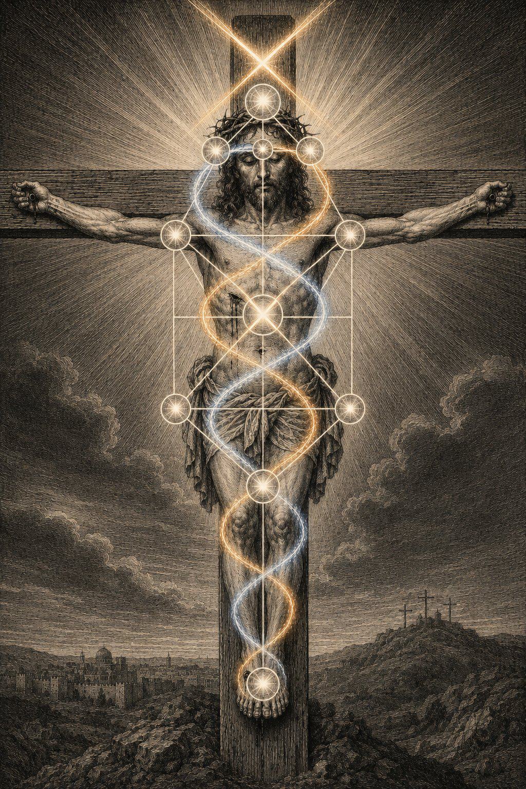 Christos Path body map: Christ on the cross with the Kabbalistic Tree of Life overlaid, the optic chiasm Chi crossing above the crown, and Ida and Pingala serpentine currents spiraling the central pillar