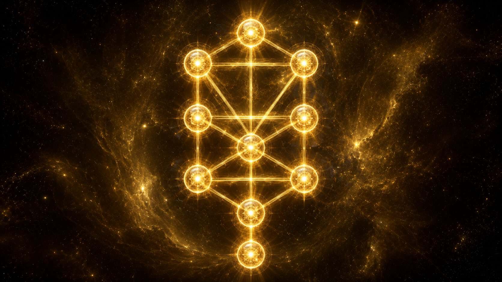 Kabbalah Tree of Life diagram with ten sephirot illuminated in gold