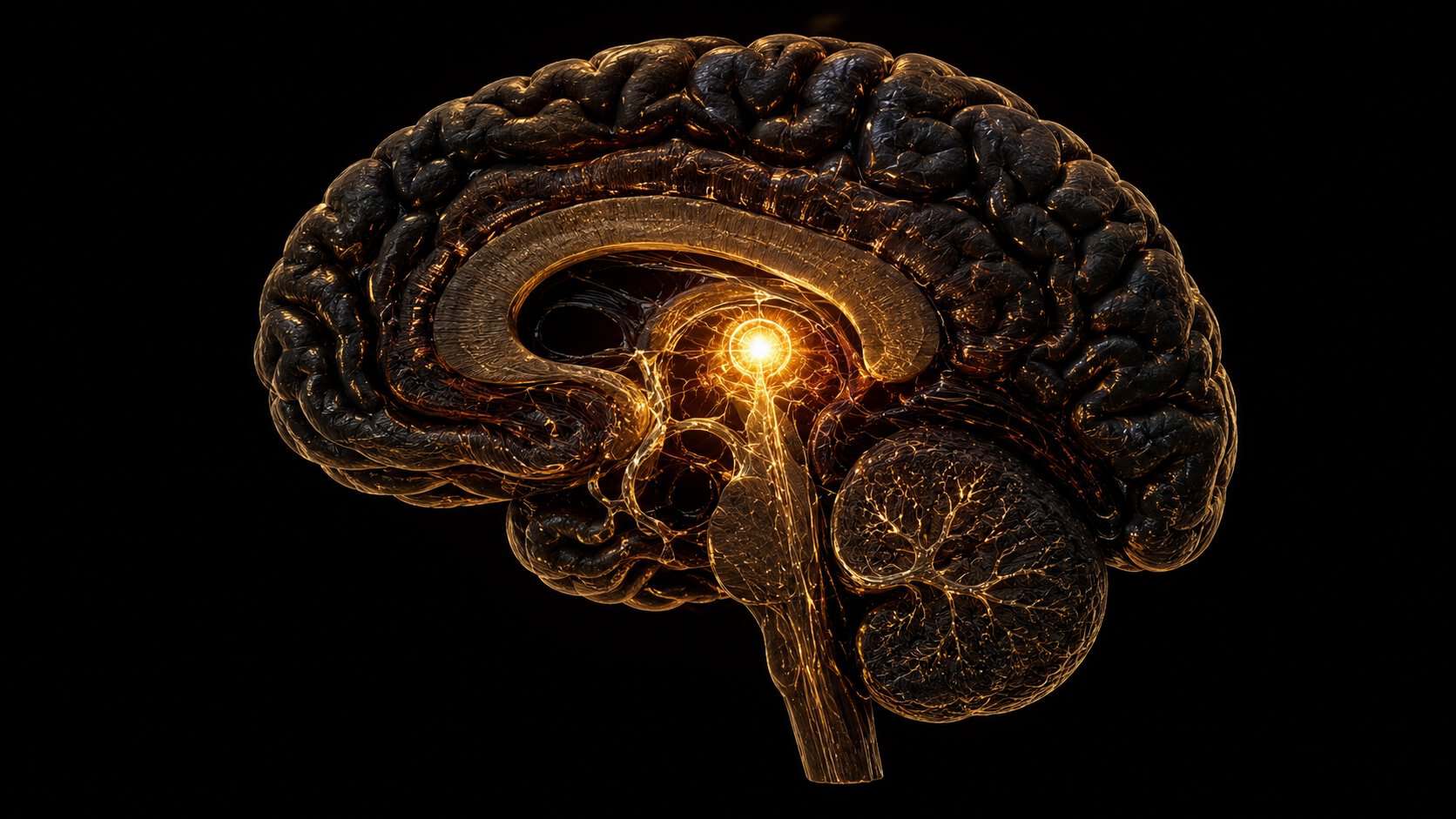 Pineal gland glowing at the geometric center of the brain