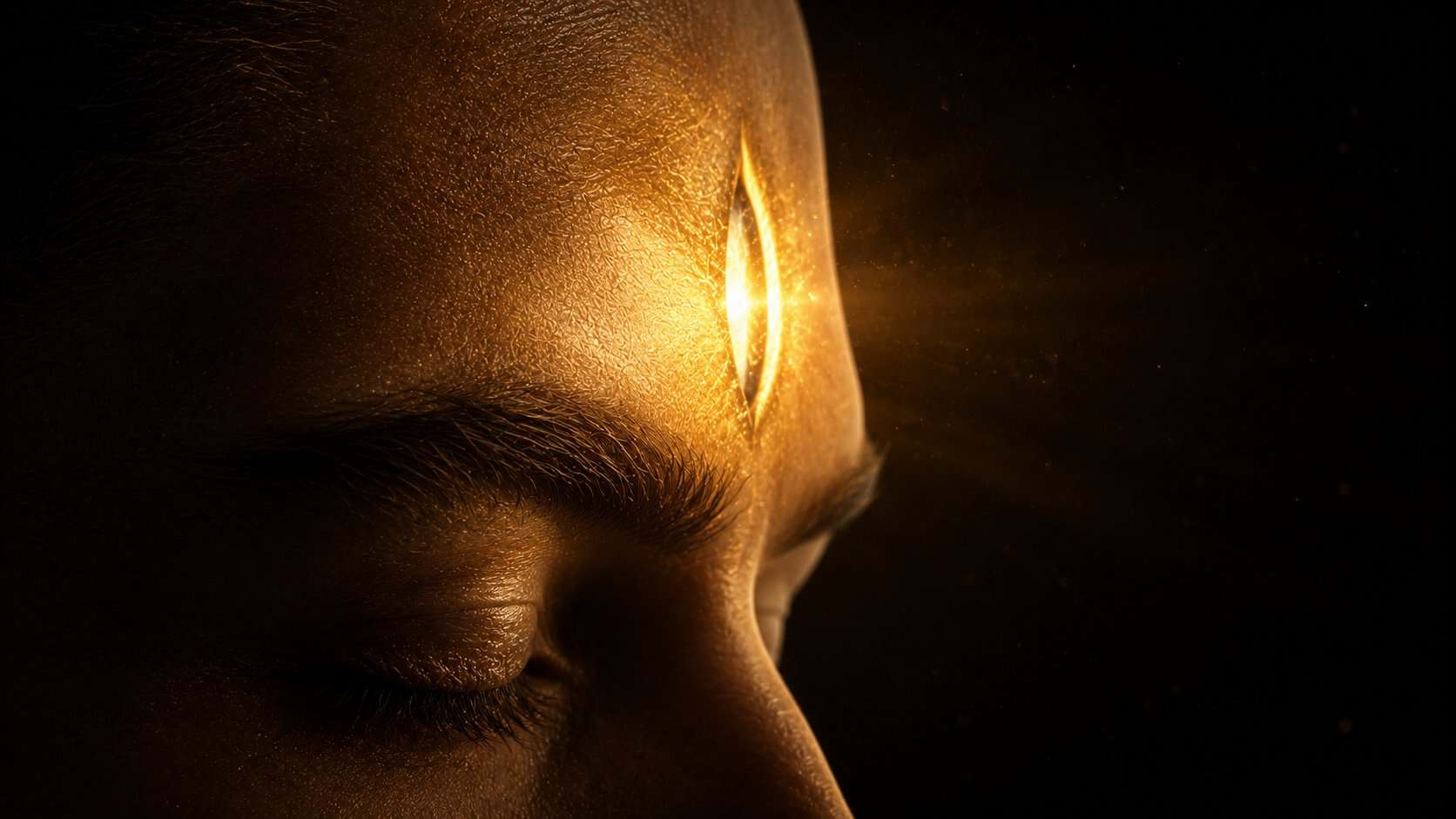 Glowing third eye opening on a serene face