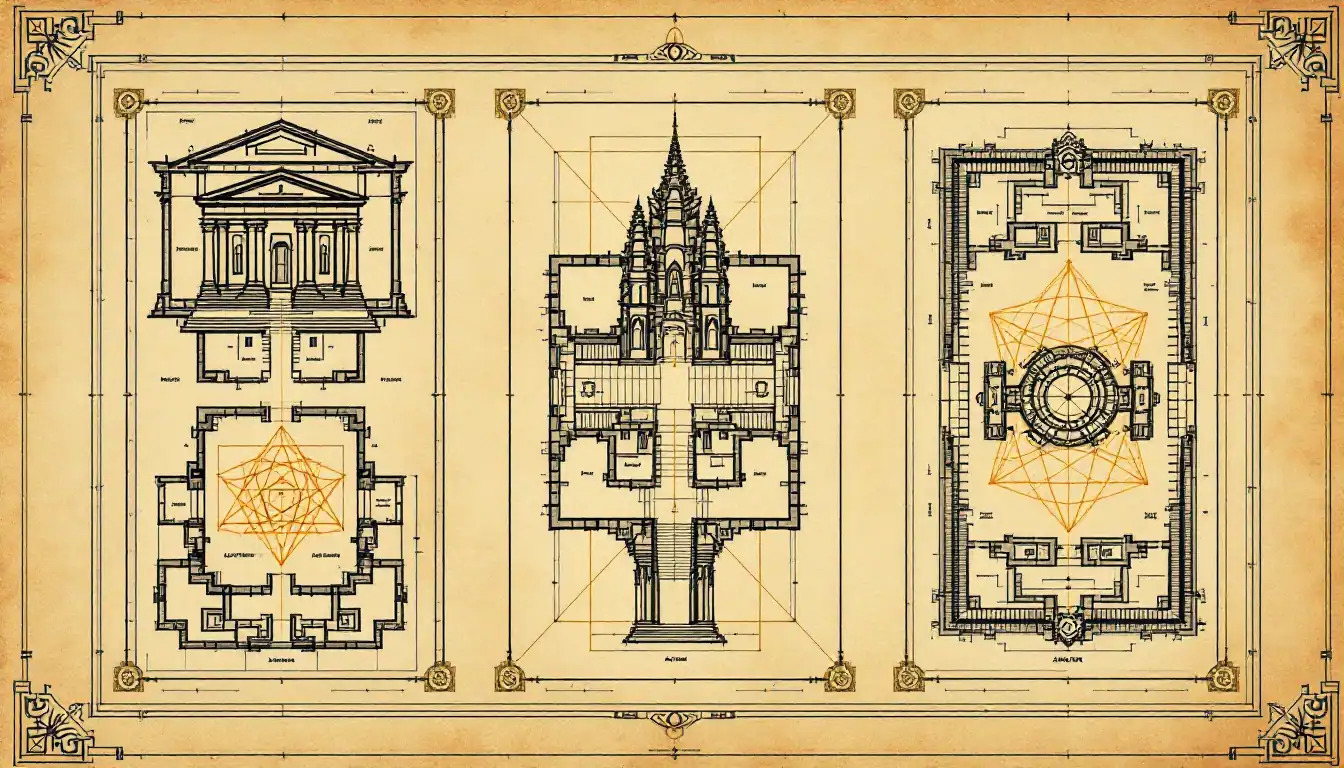 Ancient temples human body comparison floor plan -- Solomon's Temple, Greek Temple, Gothic Cathedral, Angkor Wat