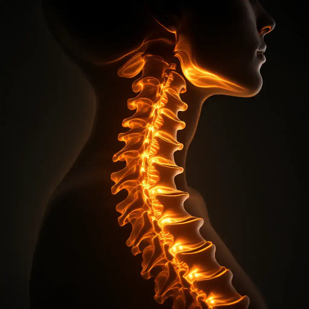 Christos Oil and the Spine: The Sacred Secretion's Path 19 Detailed glowing illustration of the human spinal cord and neck anatomy.
